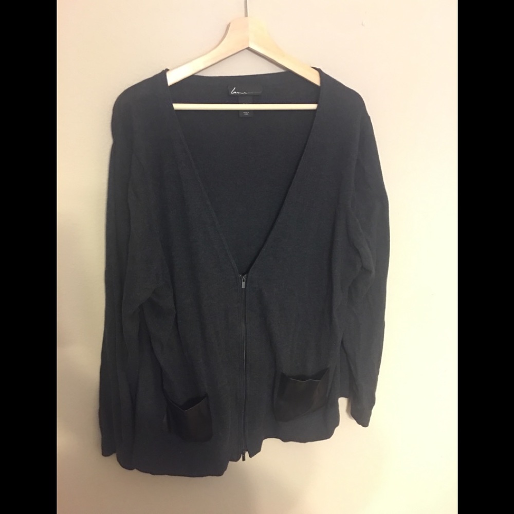 Dark gray double zip cardigan with leather pockets